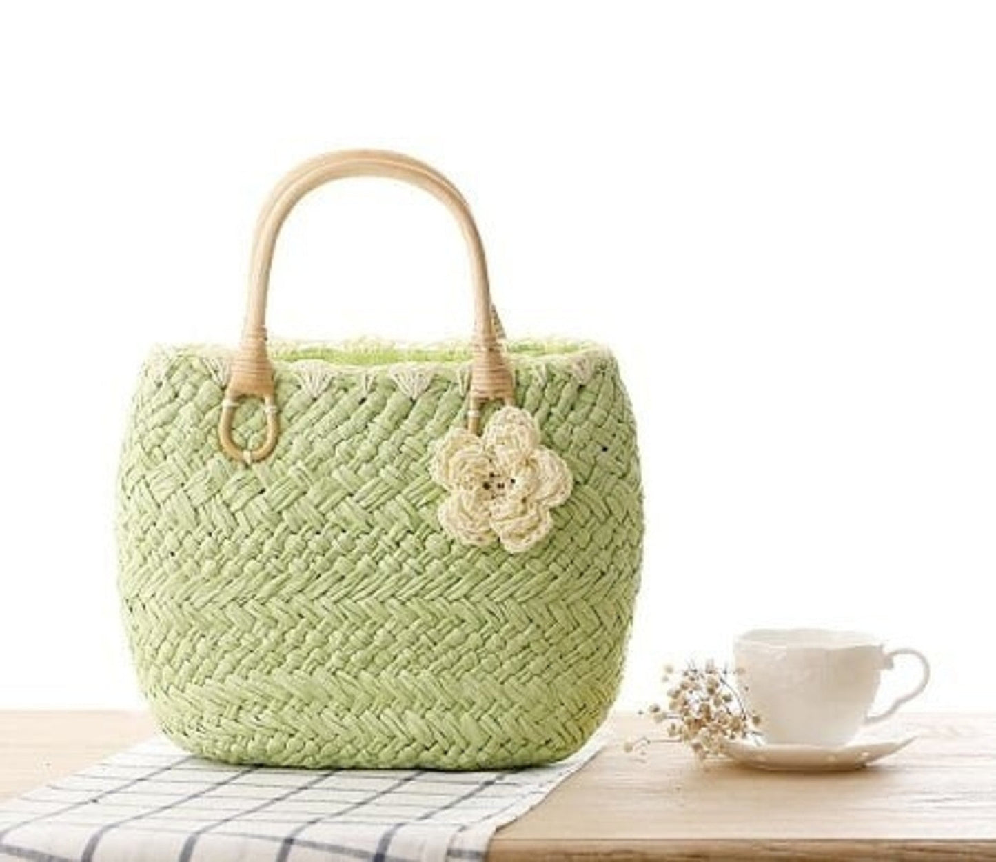 Straw Handbag with Rattan Handles by Coseey
