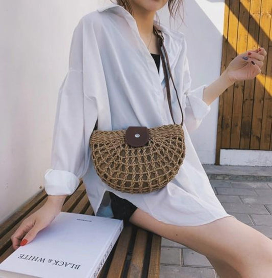 Straw Crossbody Bag with a Half Moon Design