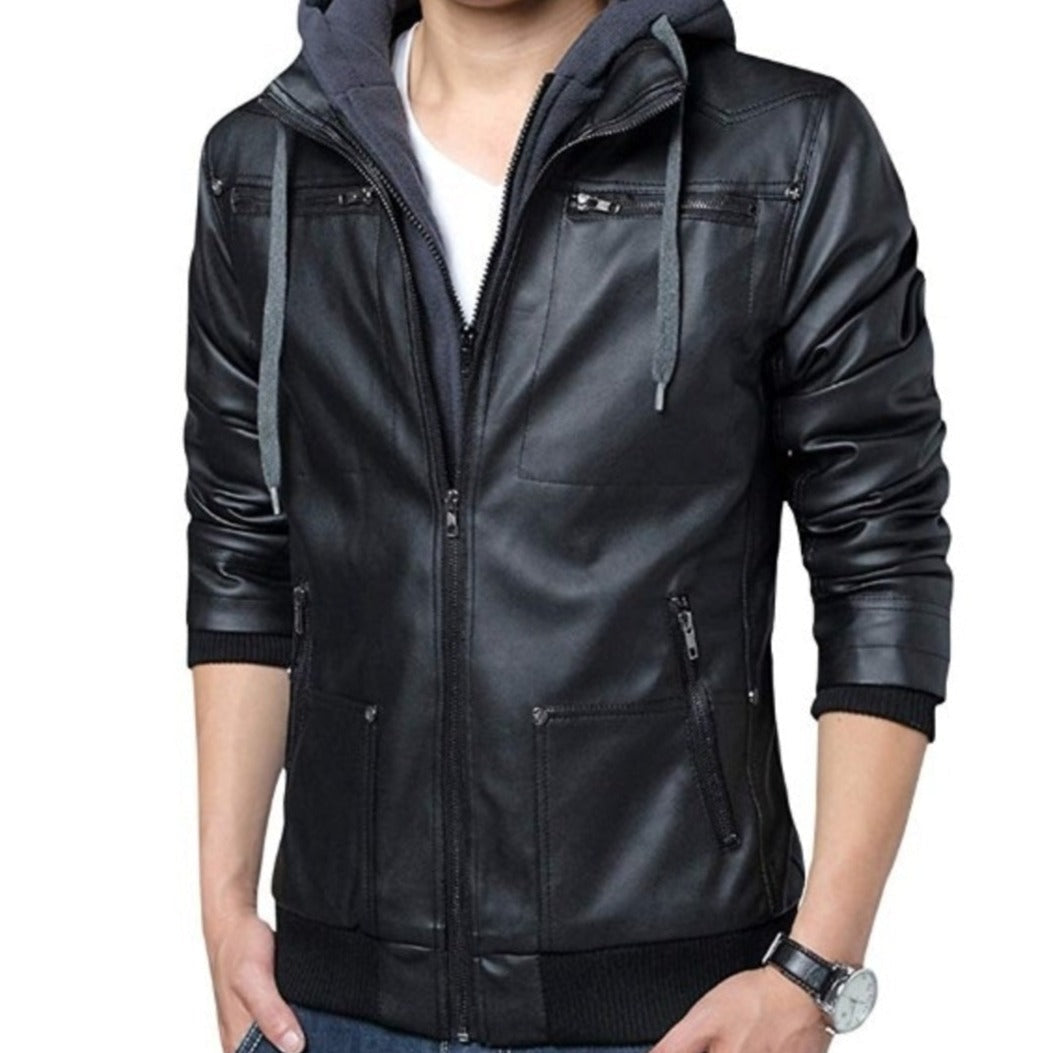 Faux Leather Jacket for Men with a Hood