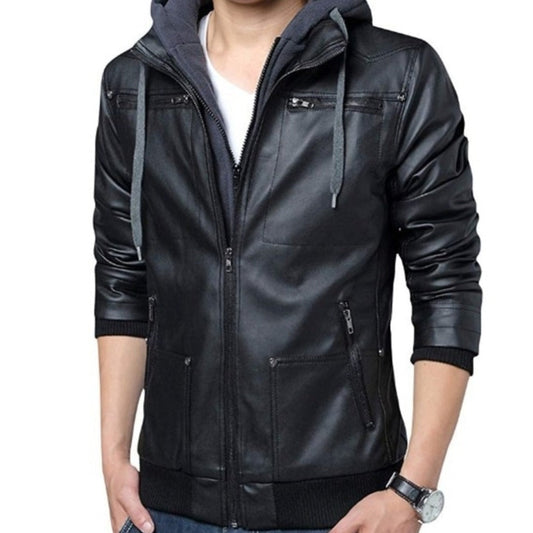 Faux Leather Jacket for Men with a Hood
