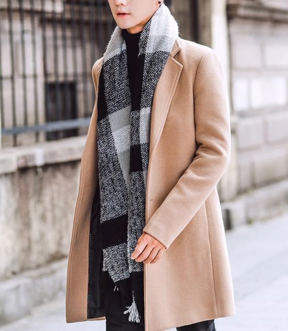 Slim Fit Men's Khaki Overcoat with Mid Length