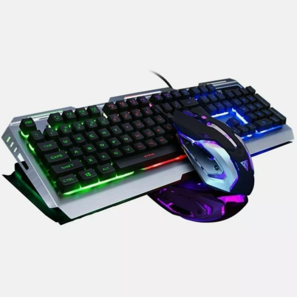 Metallic Silver Gaming Keyboard and Mouse Set with Ninja Dragon Design
