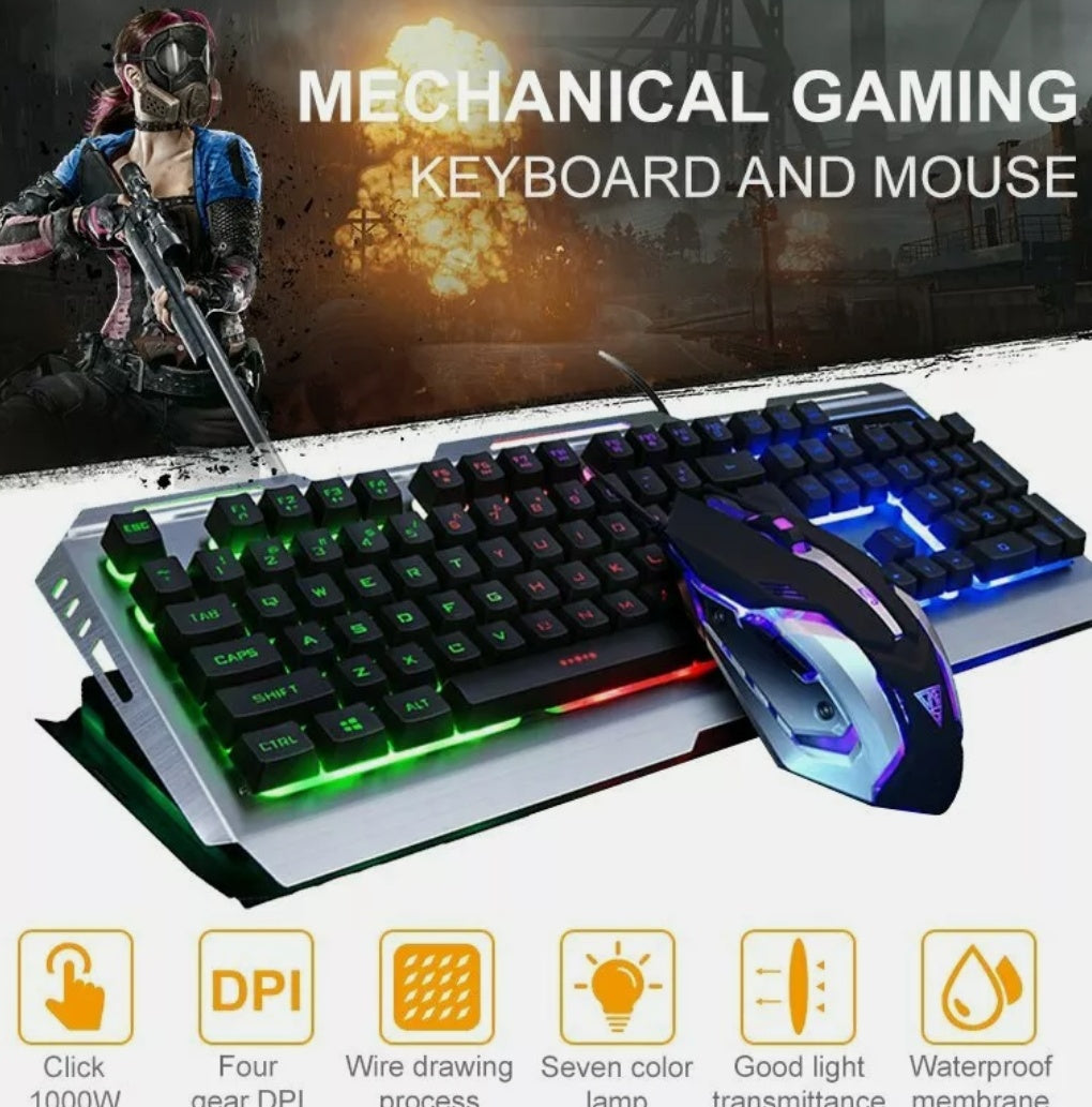 Metallic Silver Gaming Keyboard and Mouse Set with Ninja Dragon Design
