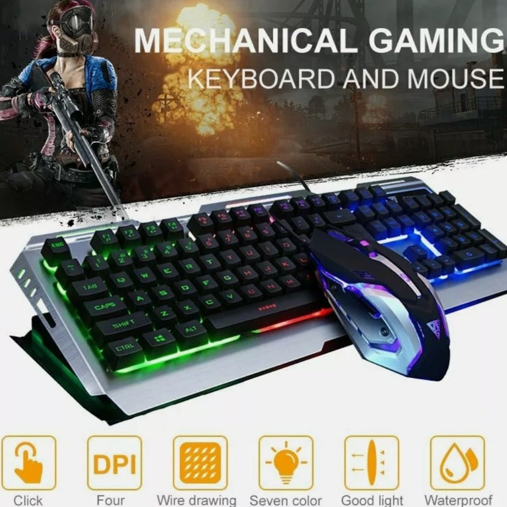 Metallic Silver Gaming Keyboard and Mouse Set with Ninja Dragon Design