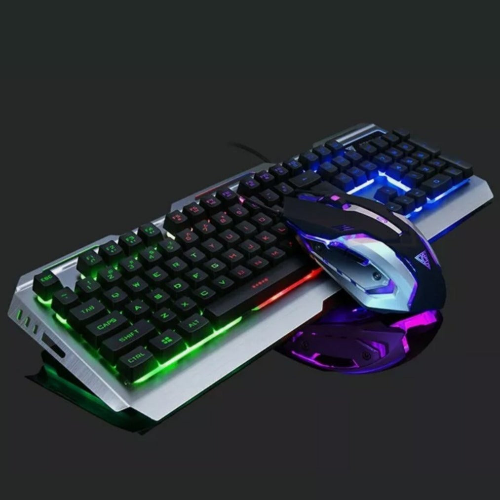 Metallic Silver Gaming Keyboard and Mouse Set with Ninja Dragon Design
