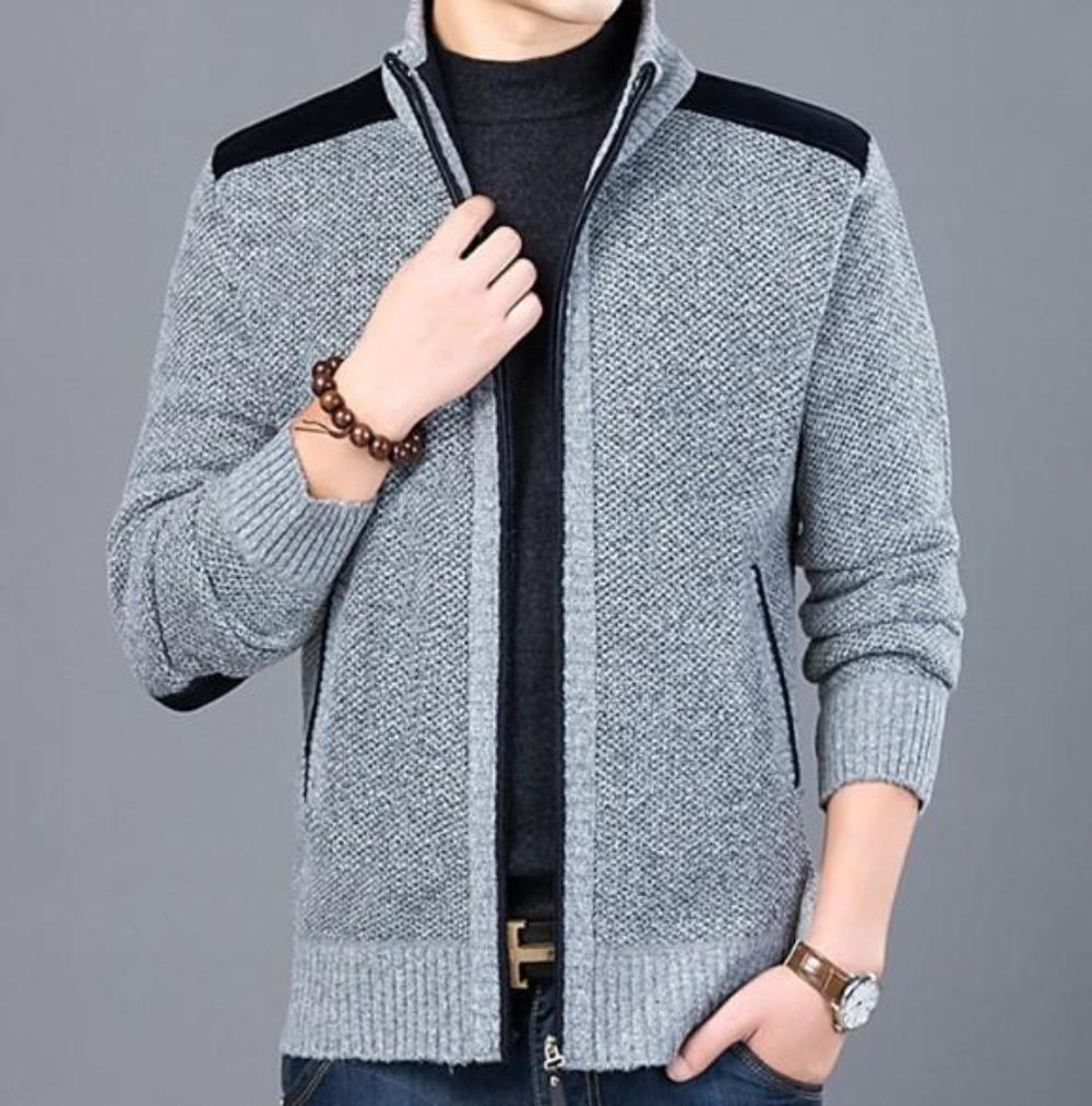 Men's Cardigan with Elbow Patch and Zipper Closure
