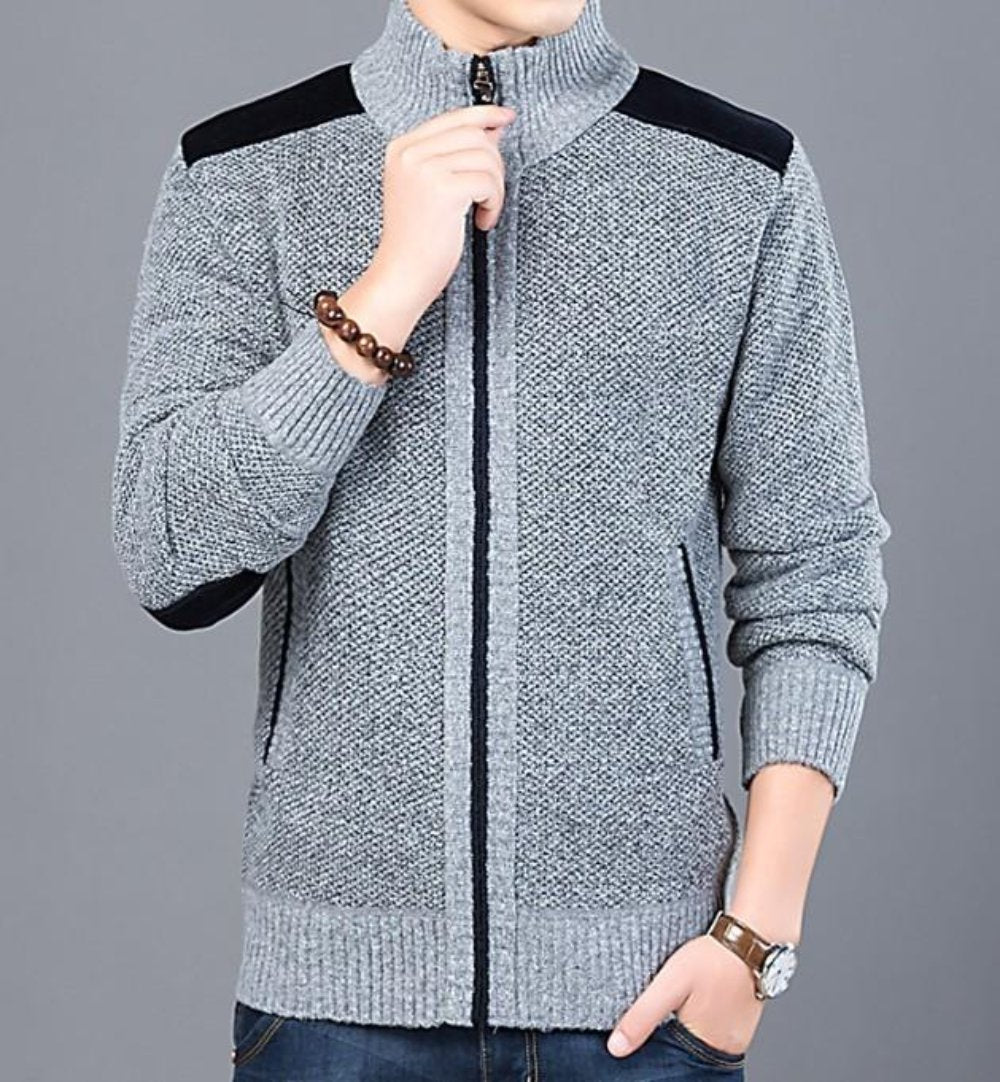 Blue Cardigan for Men with Zip Closure and Elbow Detailing