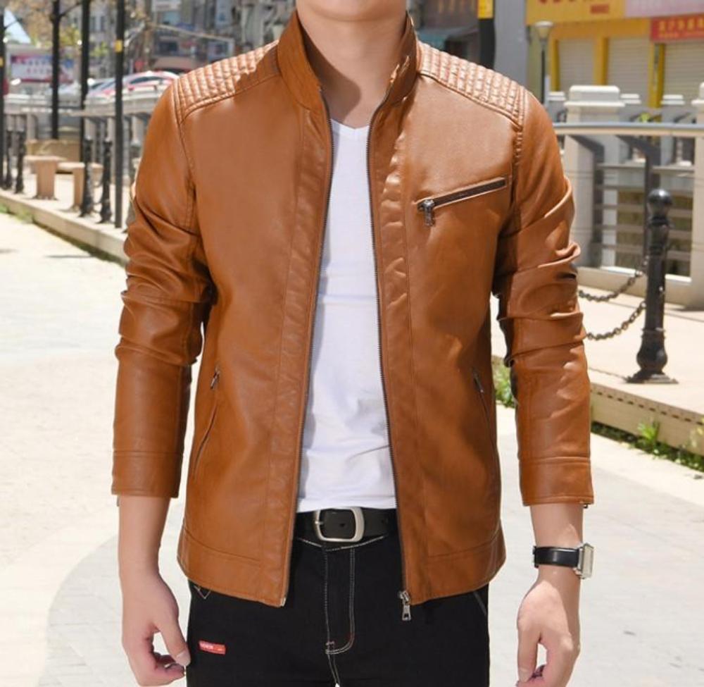 Motorcycle Vegan Leather Jacket with Stand Collar for Men