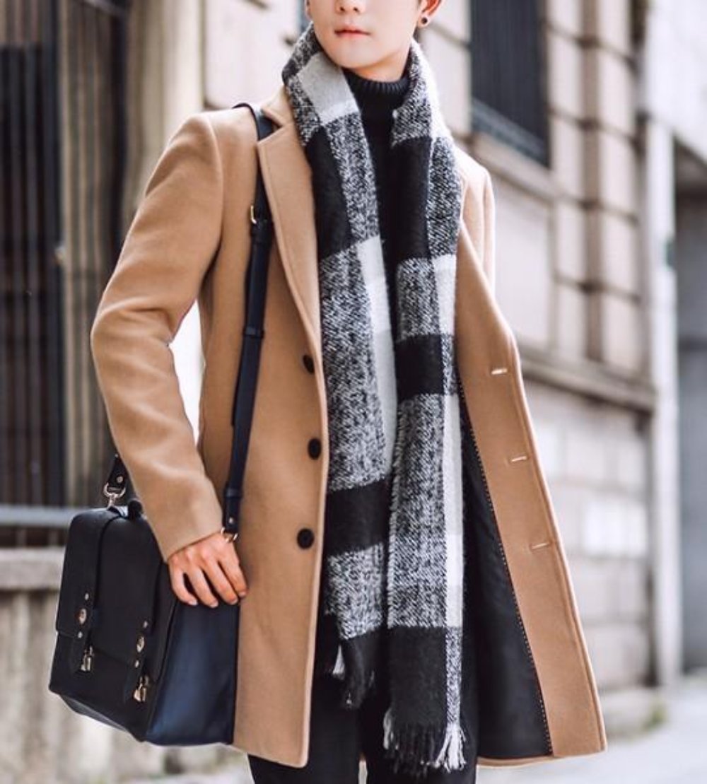 Black Mid-Length Slim Fit Men's Overcoat