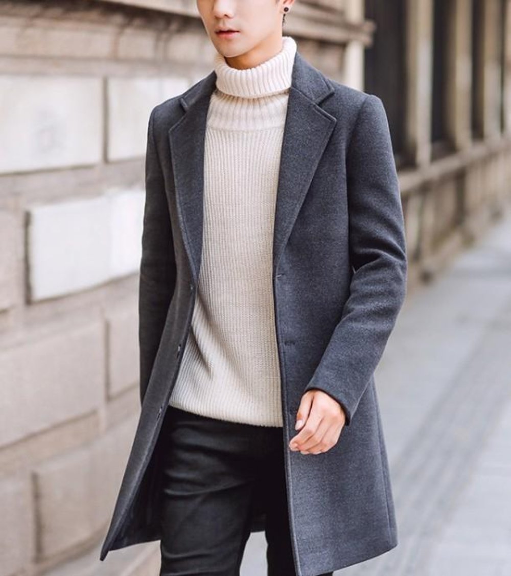 Dark Gray Mid-Length Slim Fit Men's Overcoat