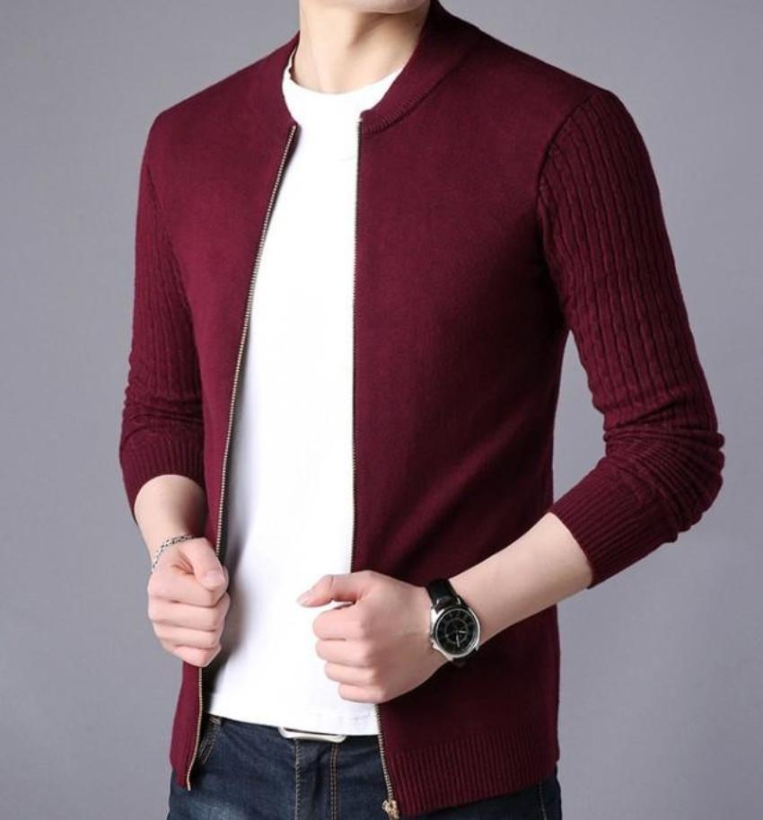 Zip Up Men's Cardigan with Round Neck