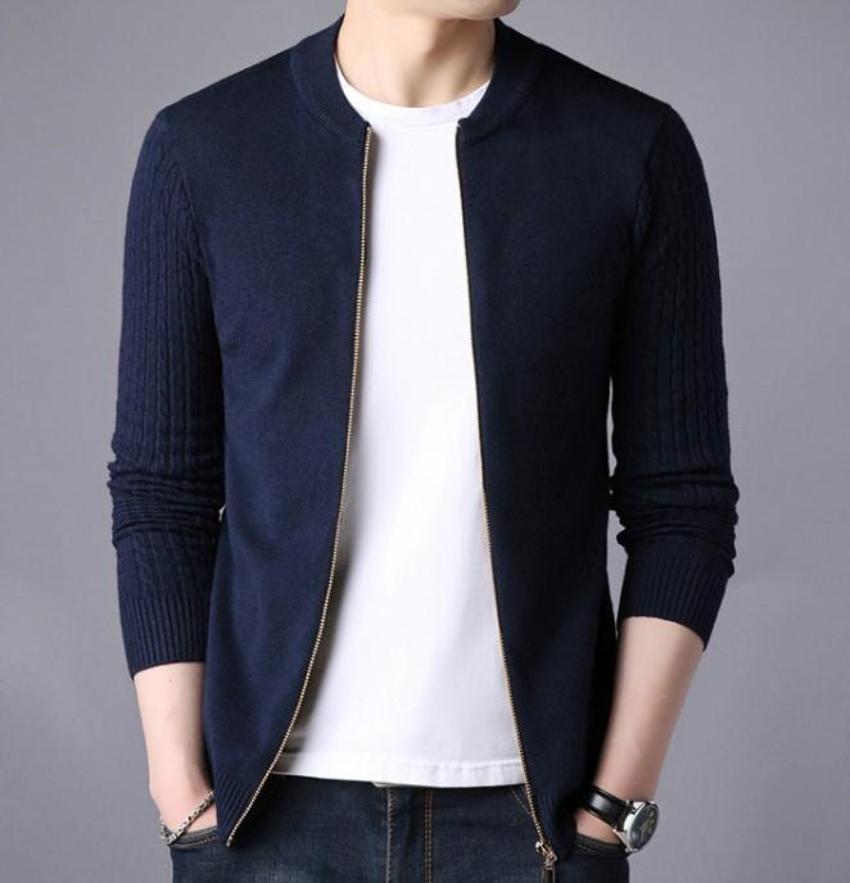 Zip Up Men's Cardigan with Round Neck