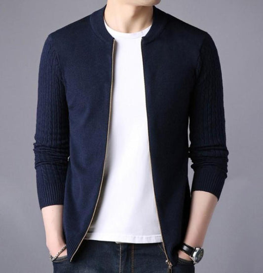 Zip Up Men's Cardigan with Round Neck