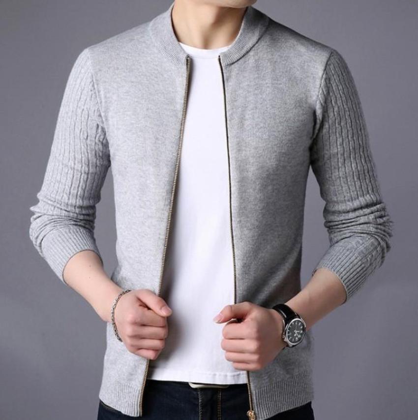Zip Up Men's Cardigan with Round Neck
