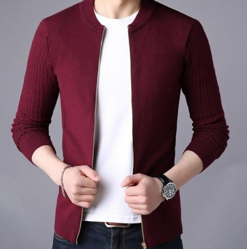 Zip Up Men's Cardigan with Round Neck
