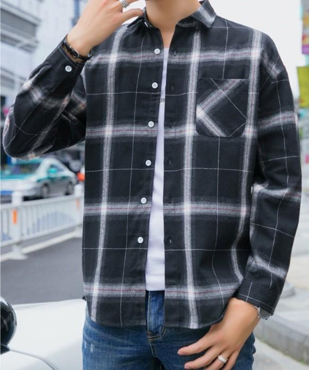 Gray Plaid Button-Up Casual Shirt for Men with Long Sleeves