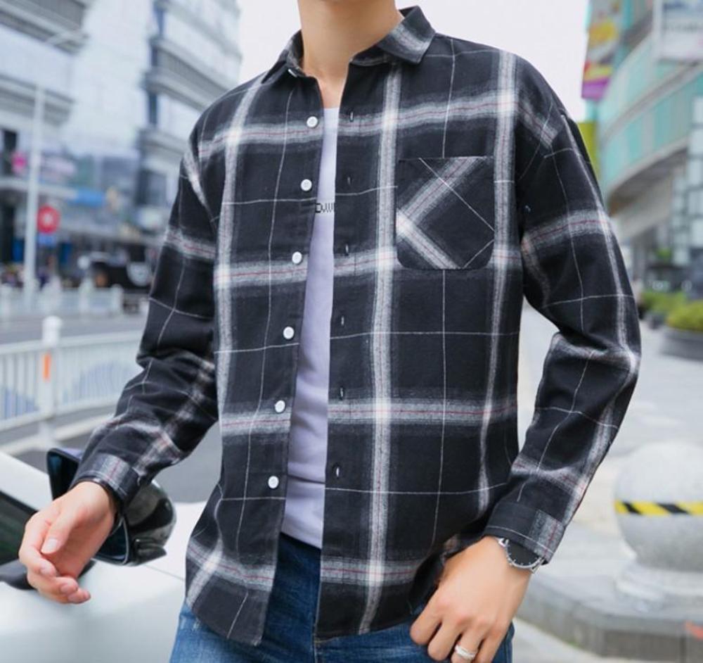 Blue Plaid Button Front Long Sleeve Men's Casual Shirt