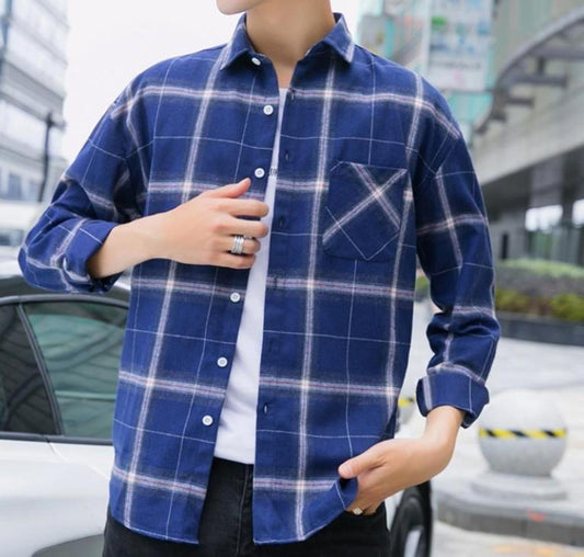 Blue Plaid Button Front Long Sleeve Men's Casual Shirt