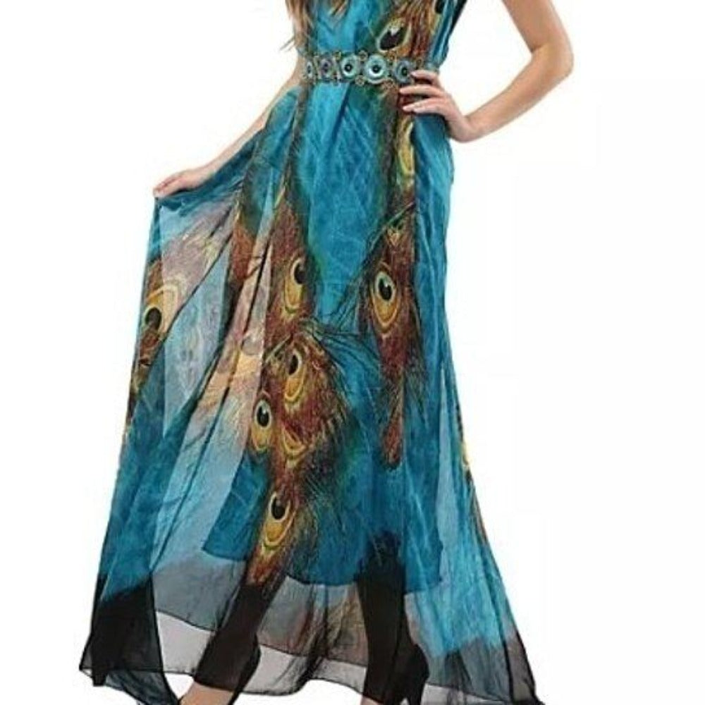 Peacock Sleeveless Dress with Long One Piece Design