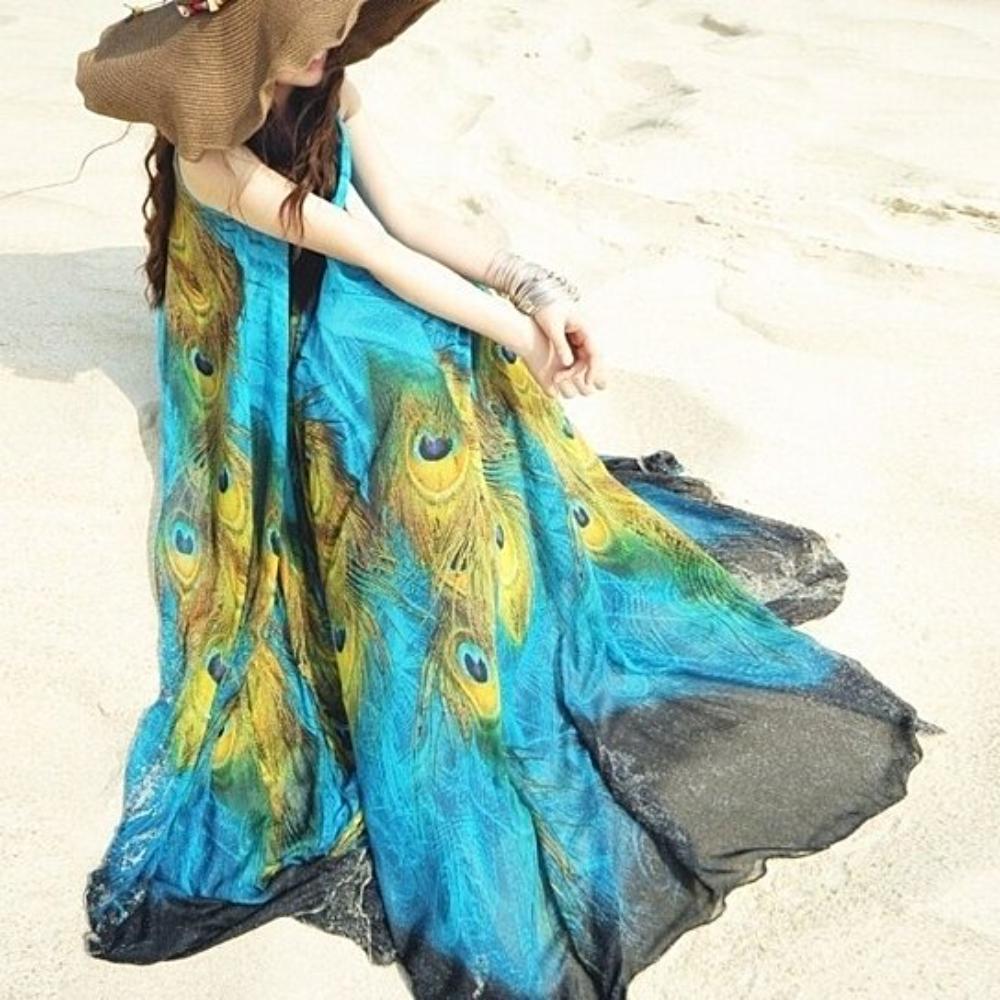Peacock Sleeveless Dress with Long One Piece Design