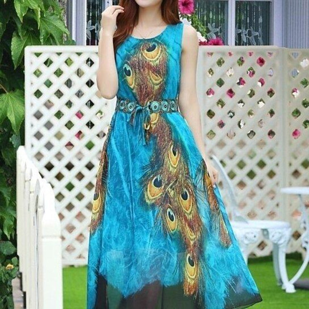 Peacock Sleeveless Dress with Long One Piece Design