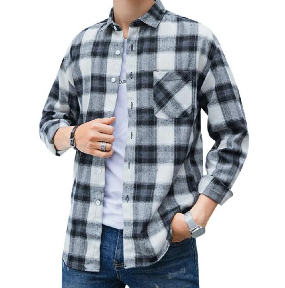 Blue Plaid Button Front Long Sleeve Men's Casual Shirt