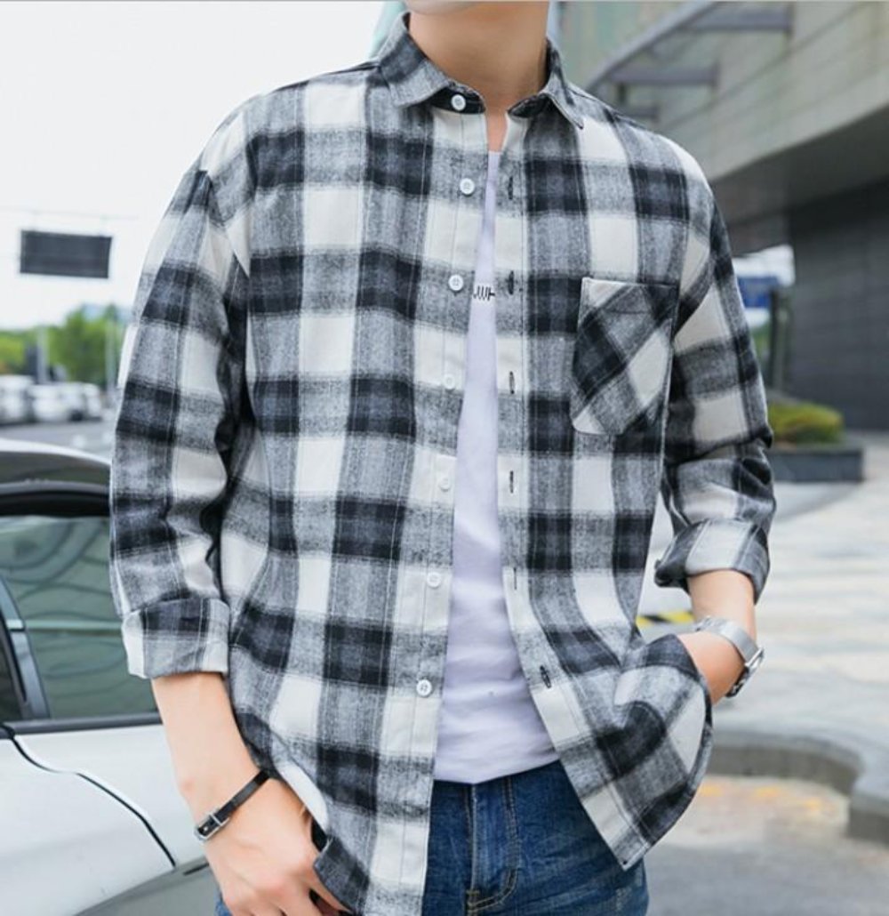 Casual Plaid Button-Front Shirt for Men in Black