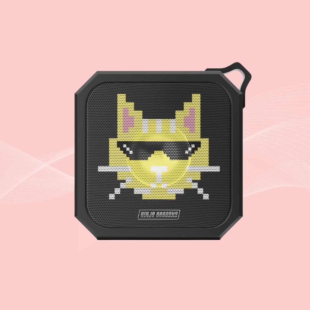 Pixelated Feline Ninja Bluetooth Speaker with Shades and Water-resistant Design