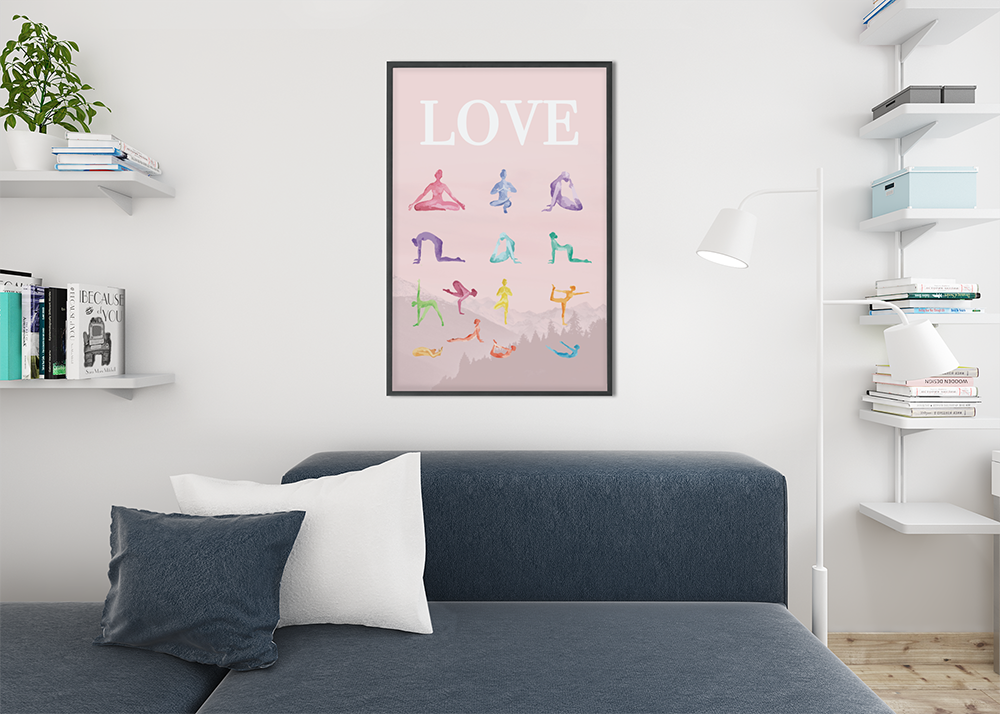 Premium Matte Poster Featuring 14 Yoga Poses for a Mindful Practice of Love