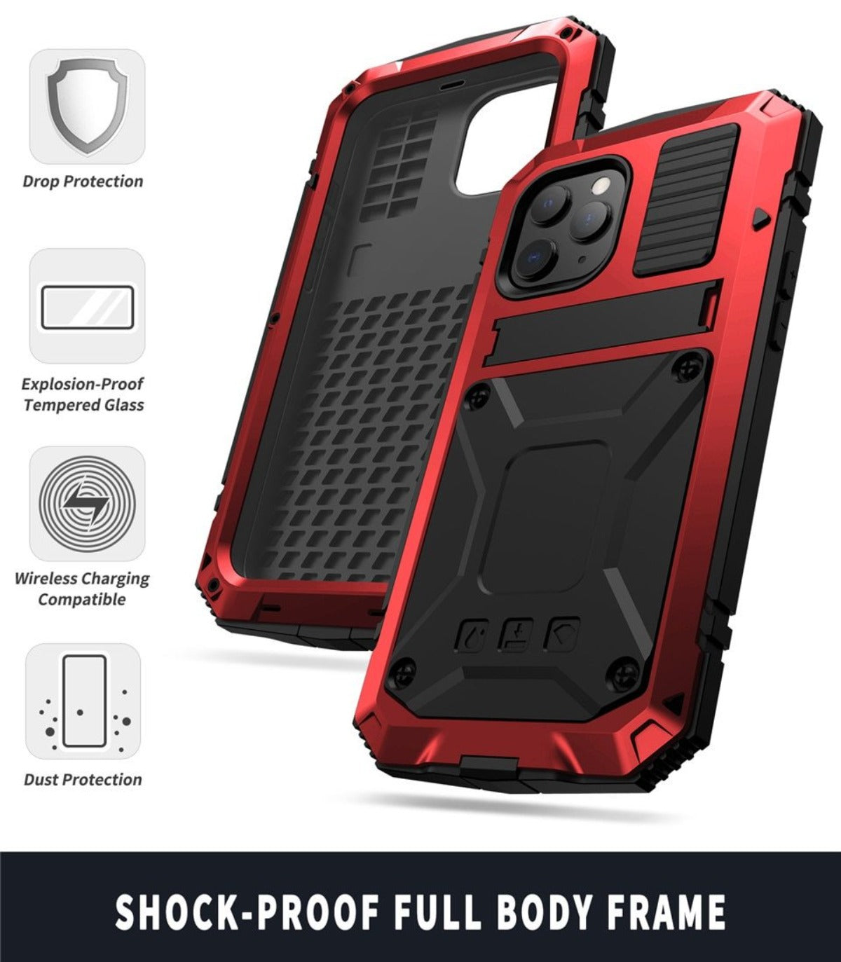 Protective Metal Case with Shockproof Armor and Tempered Glass for iPhone