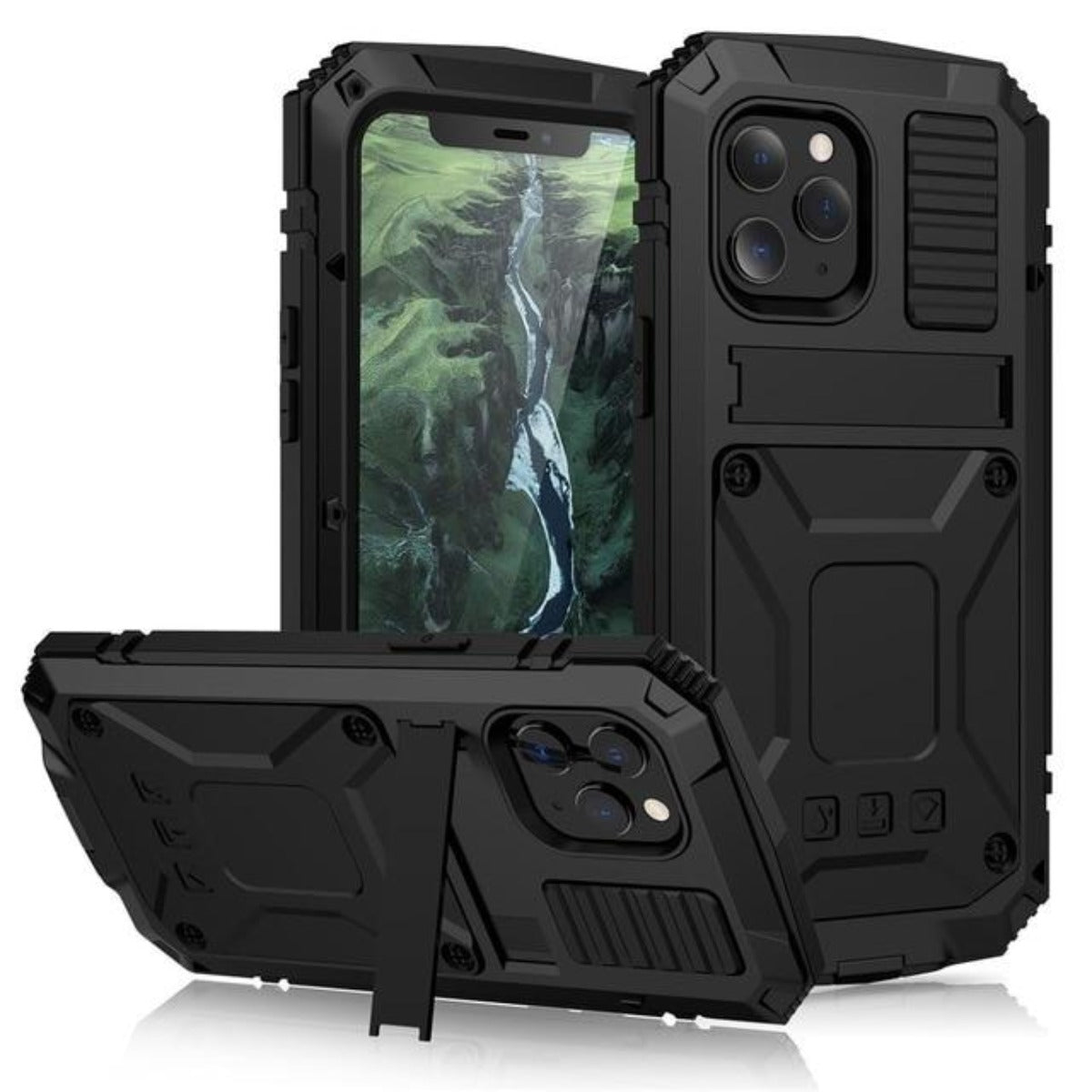 Protective Metal Case with Shockproof Armor and Tempered Glass for iPhone