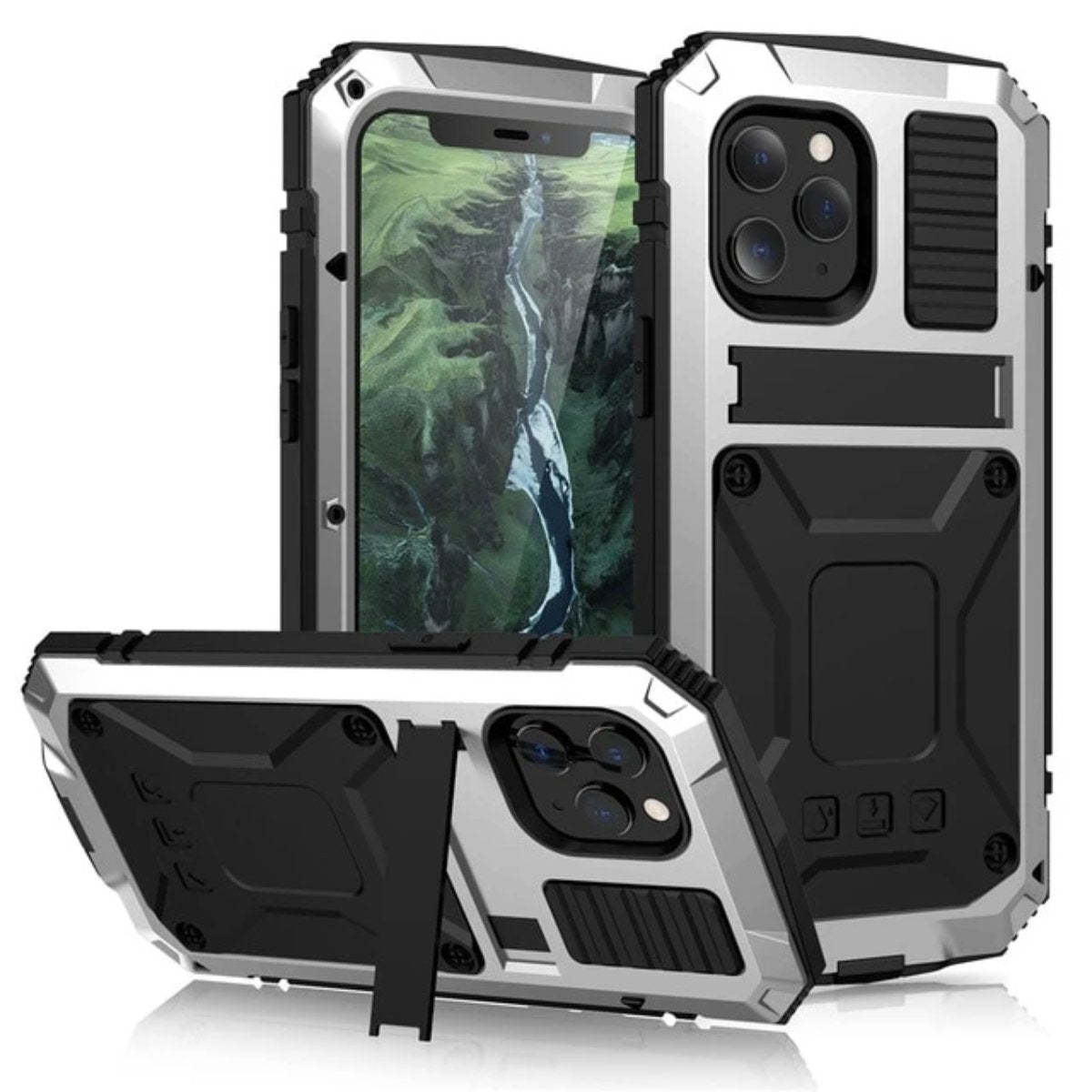 Protective Metal Case with Shockproof Armor and Tempered Glass for iPhone