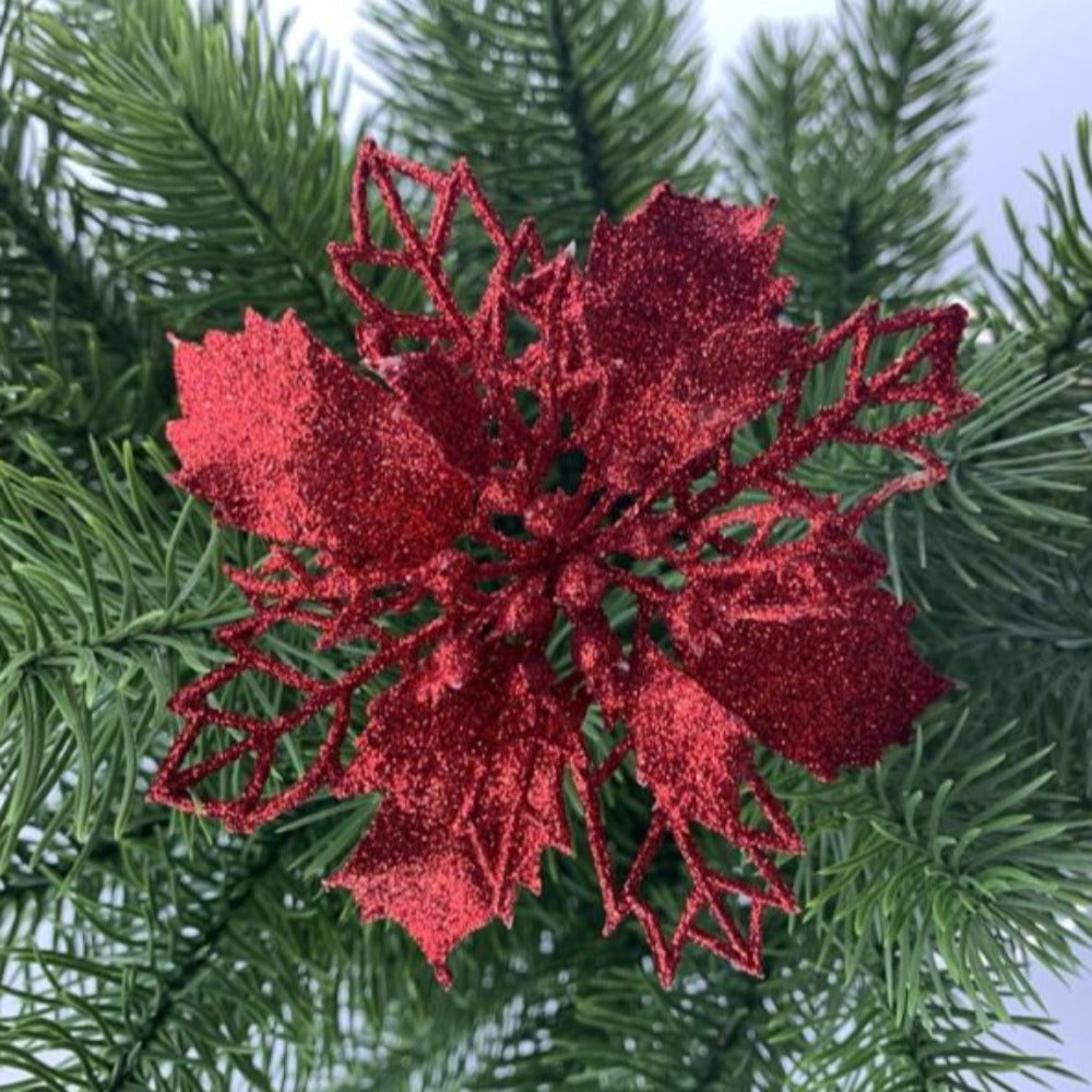 Set of 10 Glittery Flower Christmas Tree Ornaments