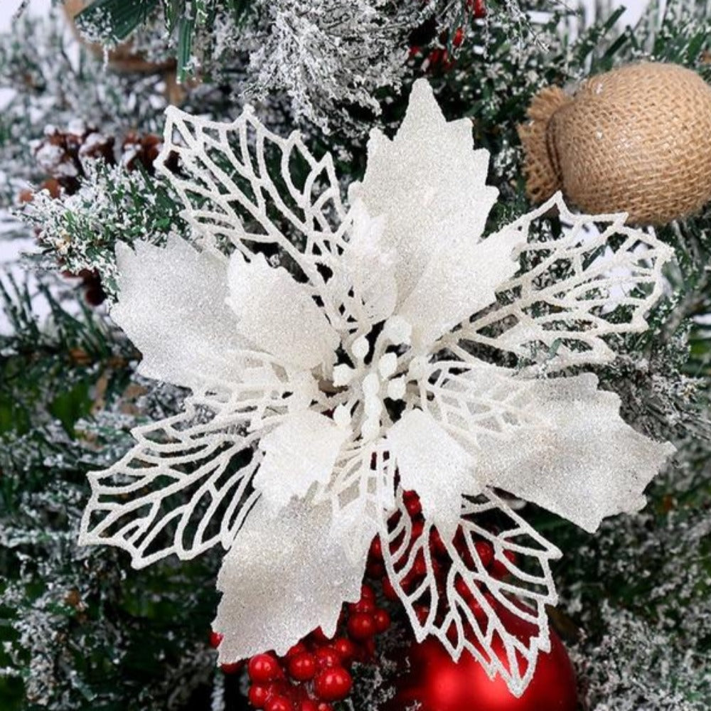 Set of 10 Glittery Flower Christmas Tree Ornaments