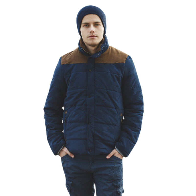Navy Blue Men's Puffer Jacket with a Stand Collar