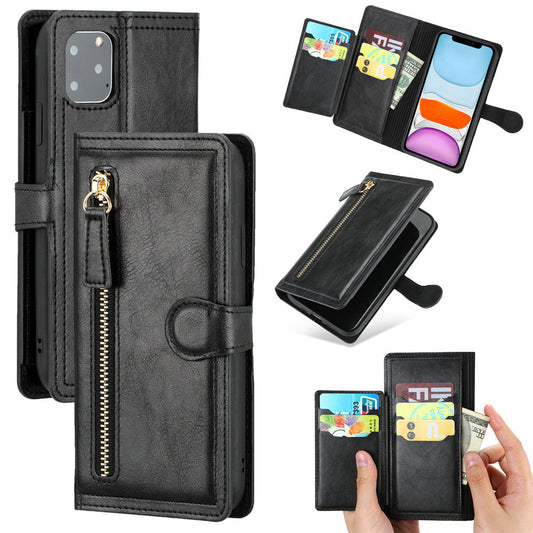 Wireless Charging Compatible Flip Case with Zippered Wallet for iPhone X to 14 Series