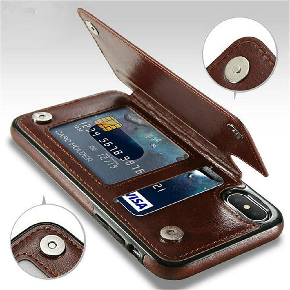 Retro-Themed Vegan Leather Flip Wallet Case for iPhone 11 to 15