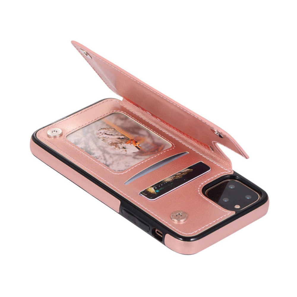 Retro-Themed Vegan Leather Flip Wallet Case for iPhone 11 to 15