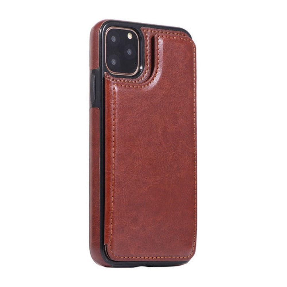 Retro-Themed Vegan Leather Flip Wallet Case for iPhone 11 to 15