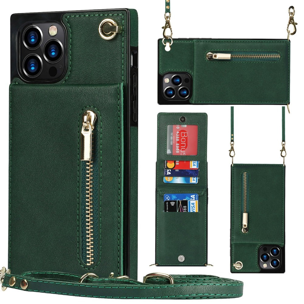 Crossbody Strap Slim Wallet Case for iPhone Series with Zipper Closure