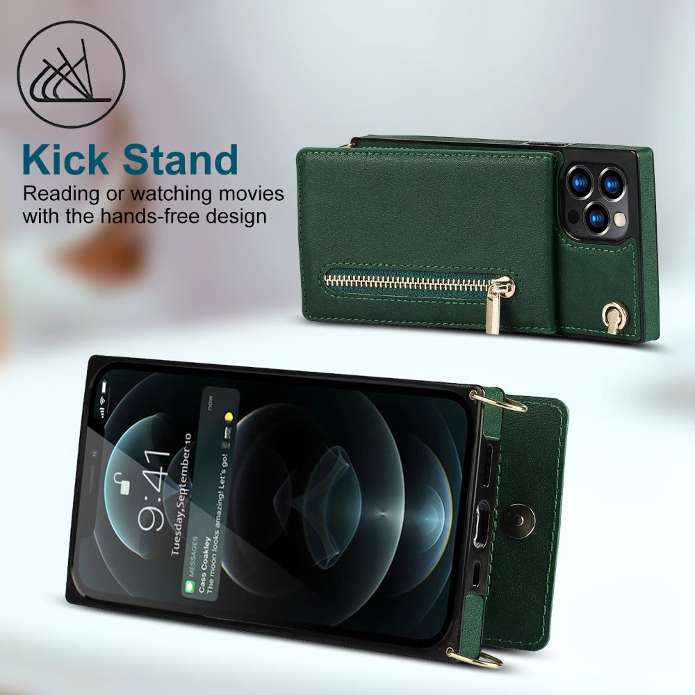 Crossbody Strap Slim Wallet Case for iPhone Series with Zipper Closure