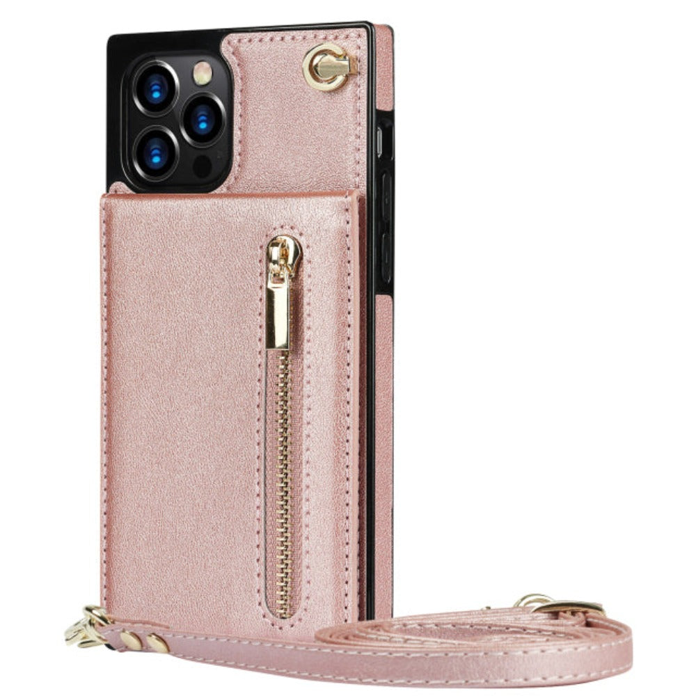 Crossbody Strap Slim Wallet Case for iPhone Series with Zipper Closure