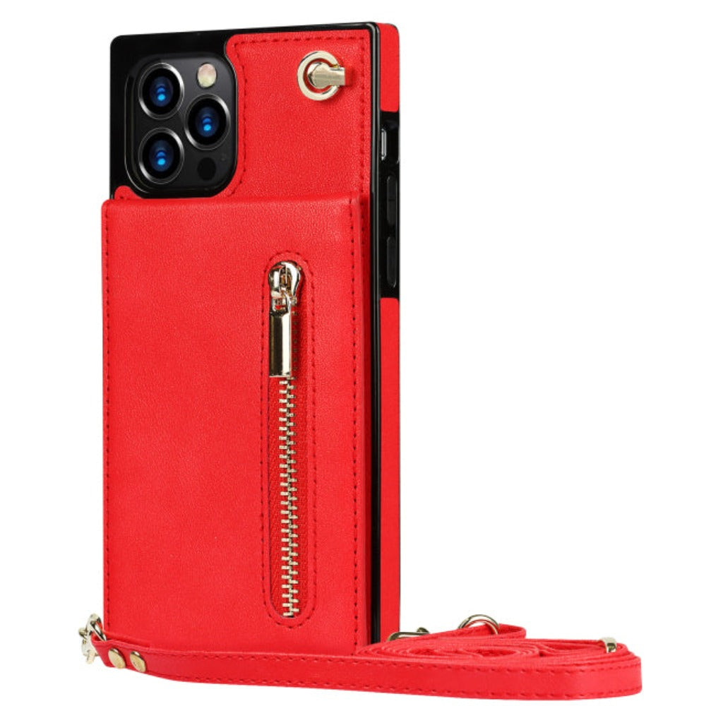 Crossbody Strap Slim Wallet Case for iPhone Series with Zipper Closure
