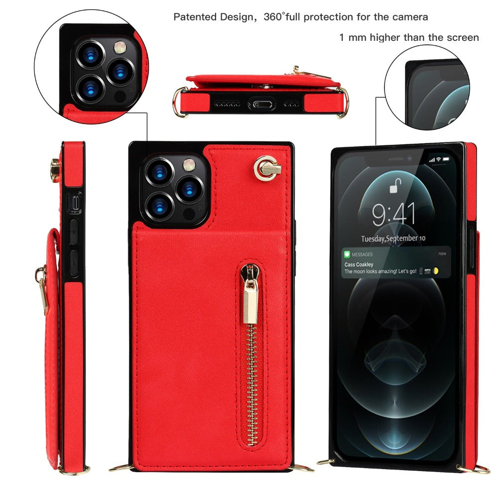 Crossbody Strap Slim Wallet Case for iPhone Series with Zipper Closure