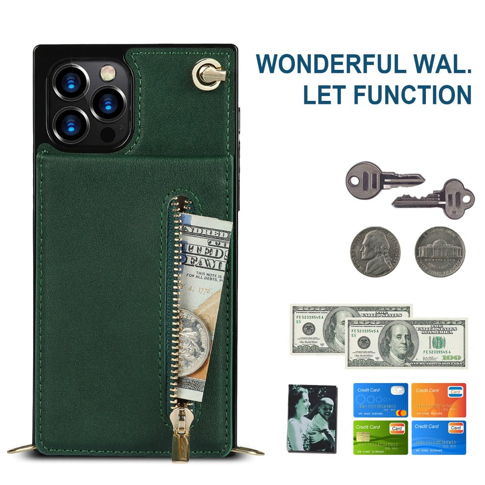 Crossbody Strap Slim Wallet Case for iPhone Series with Zipper Closure