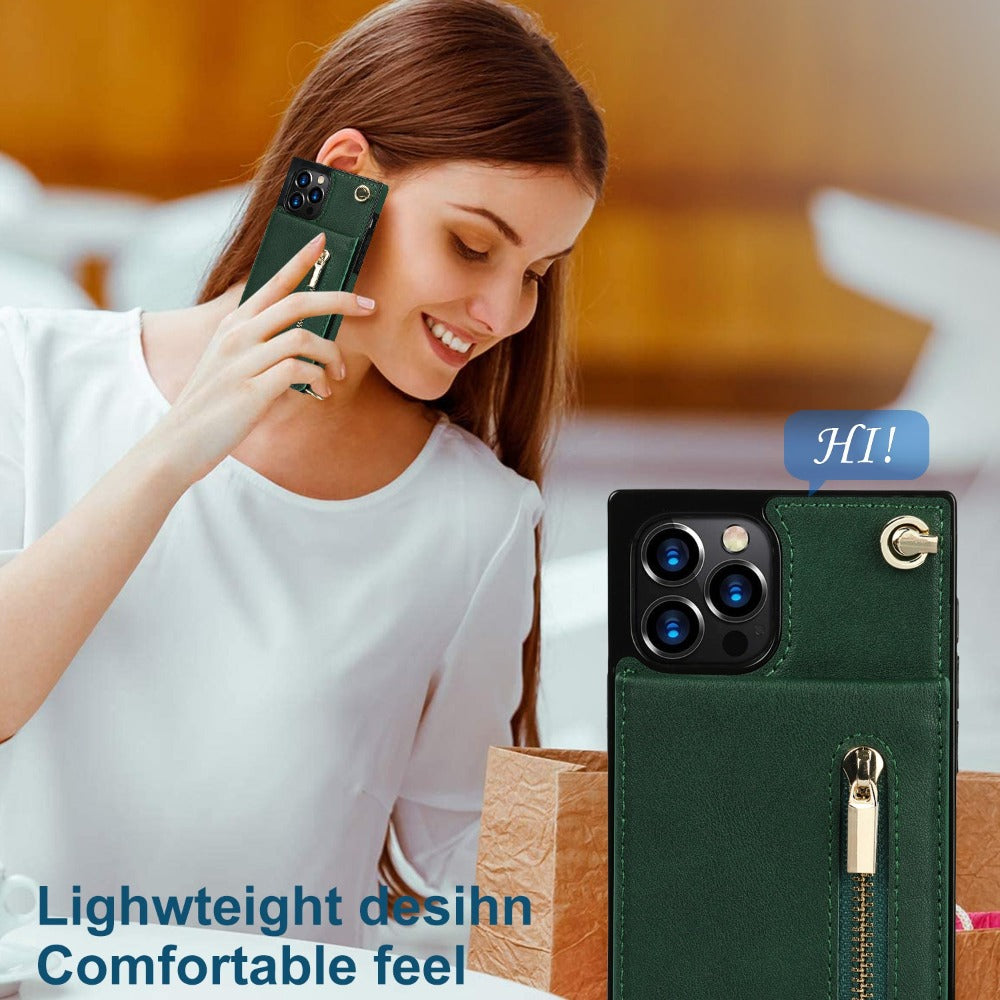 Crossbody Strap Slim Wallet Case for iPhone Series with Zipper Closure