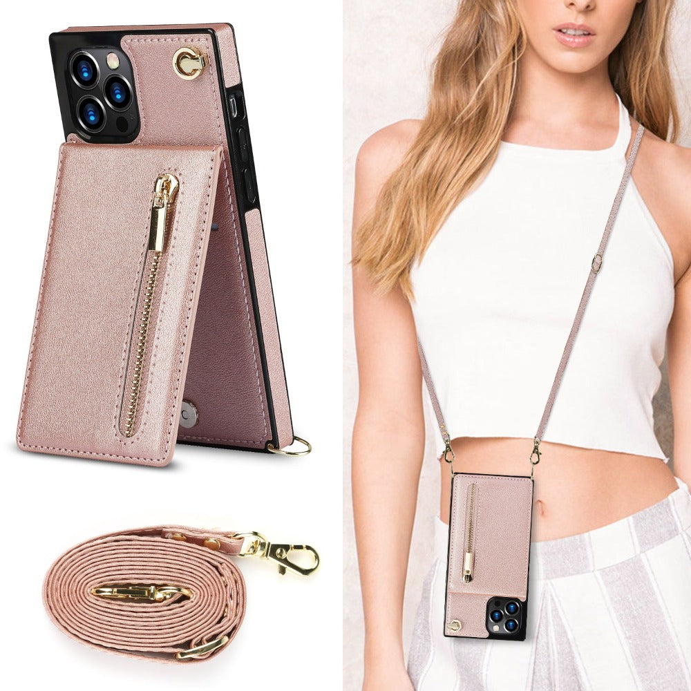 Crossbody Strap Slim Wallet Case for iPhone Series with Zipper Closure