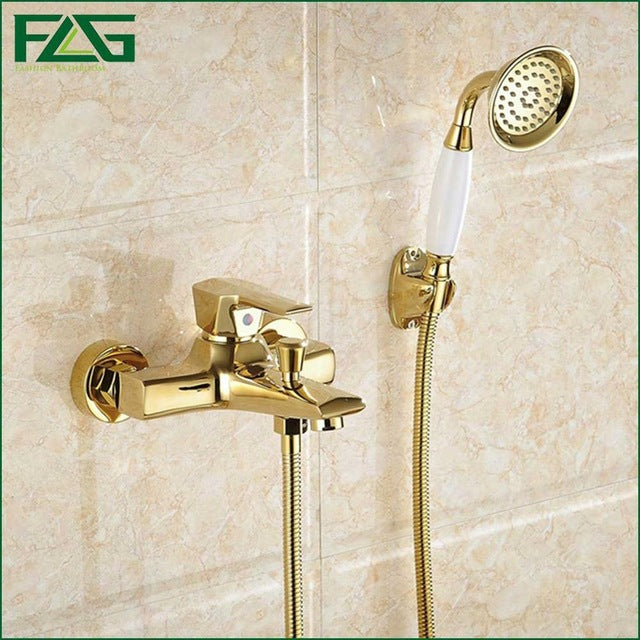 Antique Bathtub Faucet with Wall Mount and Gold Plated Shower Handle