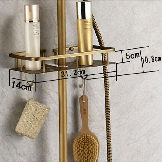 Antique Brass Shower System with Dual Handles and Wall Storage Bracket