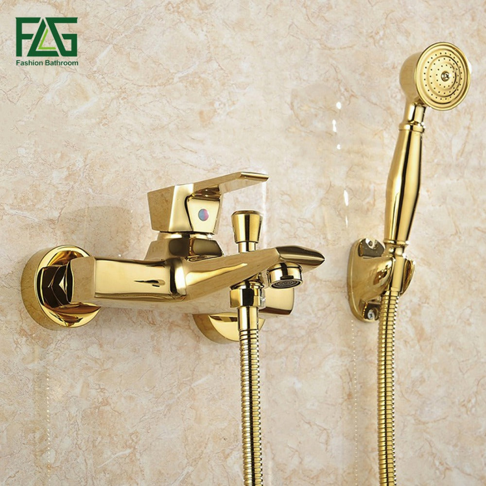 Antique Bathtub Faucet with Wall Mount and Gold Plated Shower Handle